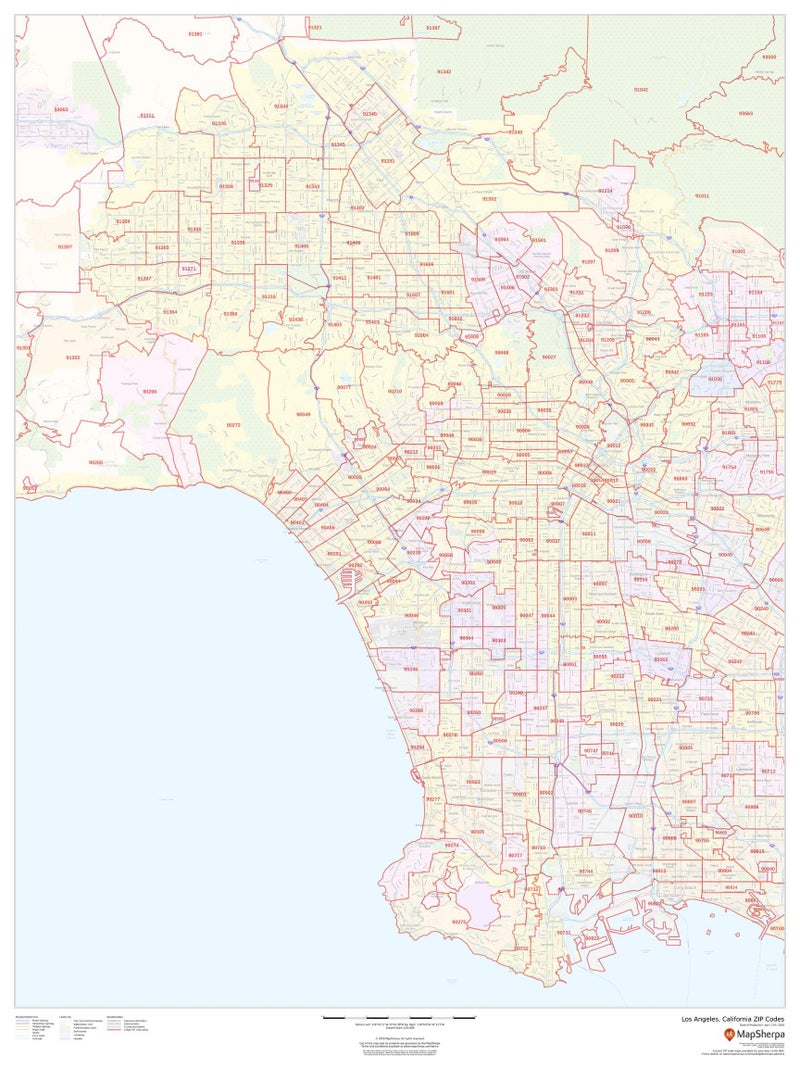 Los Angeles, California Zip Codes - 36" x 48" Laminated Wall Map